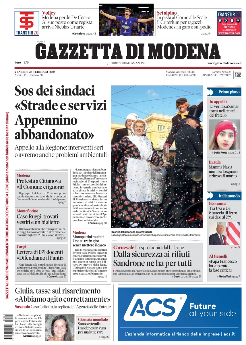 Prima-pagina-gazzetta di modena-oggi-edizione-del-2025-02-28